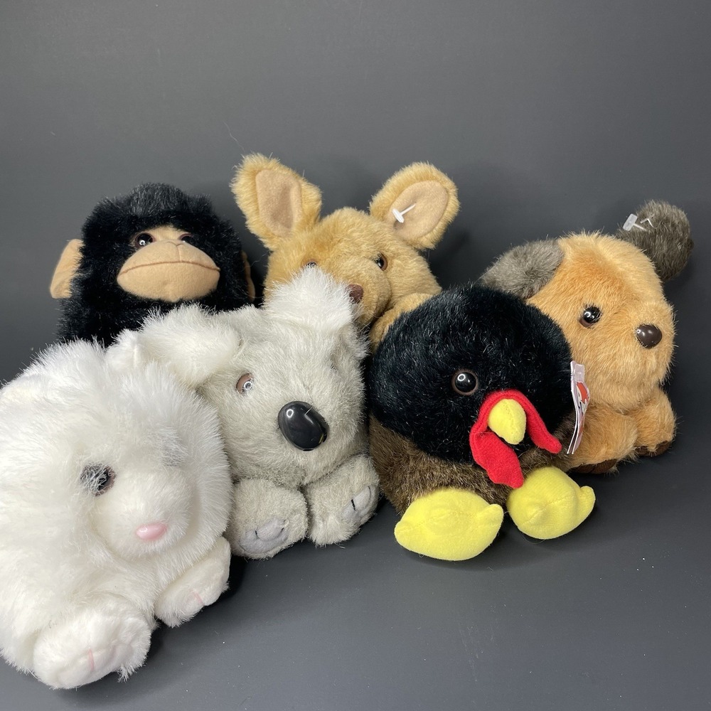 Puffkins Vintage Lot of 6 Animals Plush 1994 Swibco Koala Turkey Cat Dog Monkey